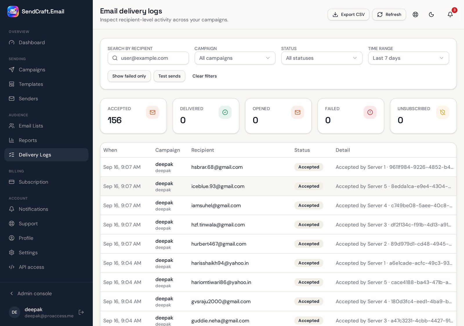 Delivery logs listing every sent email with its result