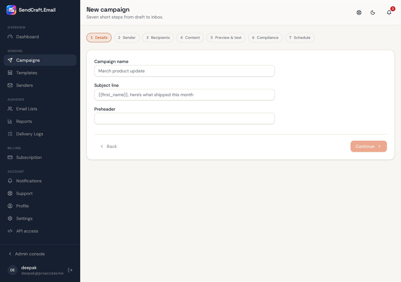 New campaign wizard on the details step