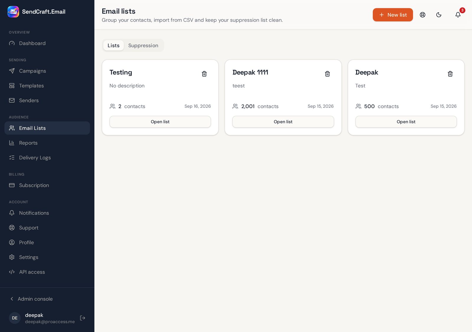 Email Lists page showing contact lists and the import button